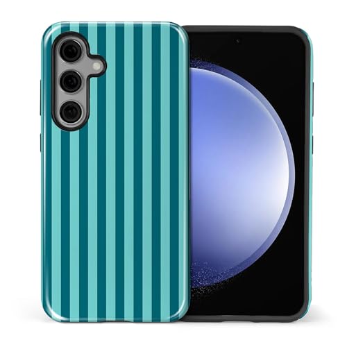 ZHEGAILIAN Case for Samsung Galaxy S23 FE,Shockproof Hard Shell + Soft Silicone 2 in 1 Hybrid,Shockproof Bumper Drop Protective - Deep Teal Stripes On Light Cyan