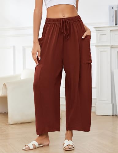 Flygo Women's Wide Leg Pants Summer Casual Loose Fit Beach Palazzo Harem Pants with Pockets(Rust-S)2