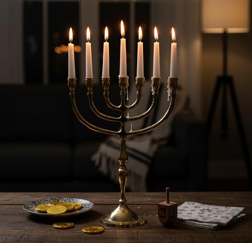 eSplanade Pure Brass Menorah Candle Holder | Table Centerpiece & Jewish Candlestick Candle Holder for Home Decor Wedding Church Diwali Decoration (7 Inches)