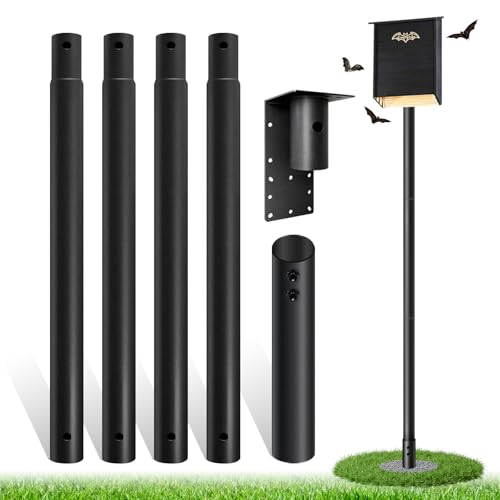 Elfmuyapole 12ft Bat House Pole, 1.9in Diameter Heavy-Duty Galvanized Steel Outdoor Purple Martin Bird House Pole with Ground Socket, Including Bat House Installation Bracket, Black