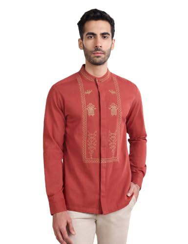 Image of Amazon Brand - Symbol Men's Cotton Blended Full Sleeve Kurta| Regular Fit | Ethnic Motif Embroidery Mandrin Collar| Front Full Open | Available in Plus Sizes