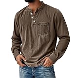 Mens Vintage Henley Shirts Classic Distressed Long Sleeve Button Shirts Solid Color Casual Washed Tops with Pocket Coffee