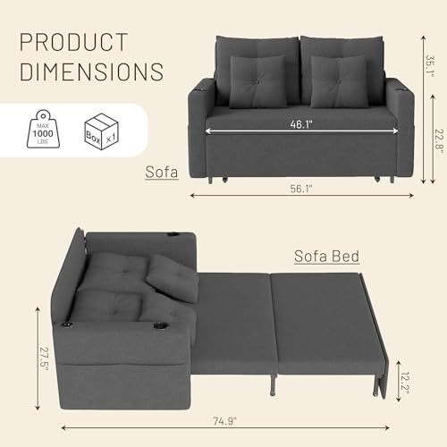 3 in 1 Sofa Bed, 56 Inch Convertible Pull Out Couch, Loveseat Sleeper Sofa with Cup Holders, USB, Sofa Couches for Living Room, Bedroom, Apartment, Dark Grey