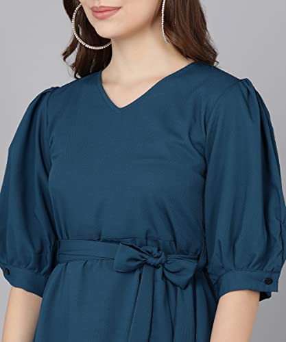 Image of Serein Women's Mini Dress (Teal Blue Solid Crepe Dress with Puff Sleeves, v-Neck & Waist Belt) (Teal Blue, X-Large)