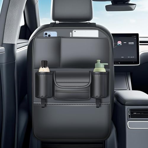DGXWLLW Backseat Car Organizer Leather Back of Seat Car Organizers for Kids Drivers Waterproof Kick Mats Seat Back Protector with Large Capacity 6 Storage Pockets for Tesla Model Y 3 X S