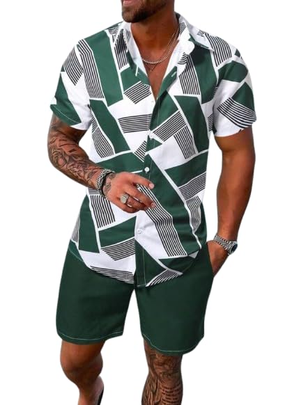 Image of Men's Printed Co-Ord Set | Plus Size Casual Shirt & Shorts Set | Nightwear Pajama Suit, Loungewear, Beachwear & Vacation Outfit Design No Shirt-Short Set10-Parent