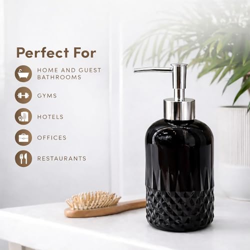 Image of Luxe Home International Diamond Cut Pattern Glass Soap Dispenser for Bathroom and Kitchen Sink Leak Proof Liquid Hand Wash Round Bottle Lightweight Smooth Finish (19.5x8 cm Black) Pack of 1