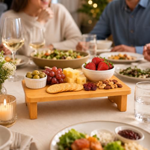 Image of Curated Cart Bamboo Pedestal Serving Platter 13 Inch, Wooden Serving Tray, Elevated Cheese Board, Snack Serving Platter, Decorative Display Tray for Kitchen, Dining Table & Home Decor