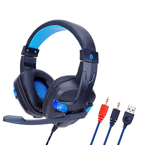 TEEKAR - Auriculares para juegos para PS4, auriculares estéreo con micrófono omnidireccional, auriculares de PC ligeros ajustables con conector de 3,5 mm, luces LED, orejeras transpirables para juegos