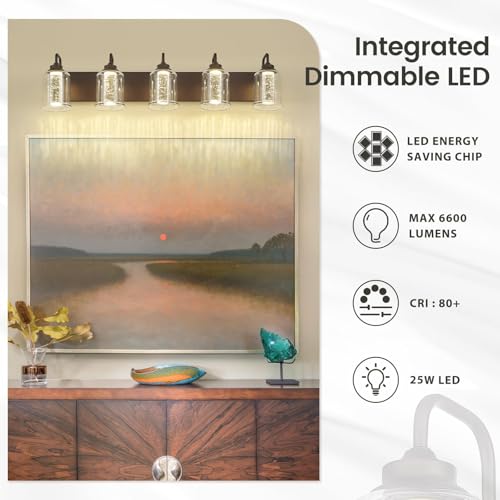 Image of zeyu 25W LED Bathroom Lights, 5-Light Vanity Lighting Fixtures for Bathroom with 5 Color Modes, Oil Rubbed Bronze Finish with Crystal Bubble and Clear Glass, ZSL72B-5W LED ORB-1