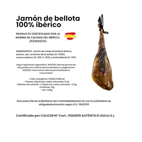 Miniatura 3 de Jamón Ibérico De Bellota 100 Ibérico, Pata Negra, Aprox. 8-8,5 Kg, Con Chorizo O Salchichón De Bellota Y Cuña De Queso De Oveja Miel Natural De Encina, Marca Guiju.Certificado Brida Negra.