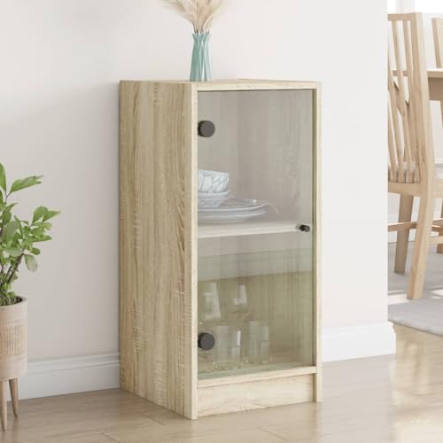 Tonture Armario auxiliar de roble Sonoma, 35 x 37 x 75,5 cm, con puertas de cristal, material de madera, almacenamiento versátil para salón, pasillo, cocina