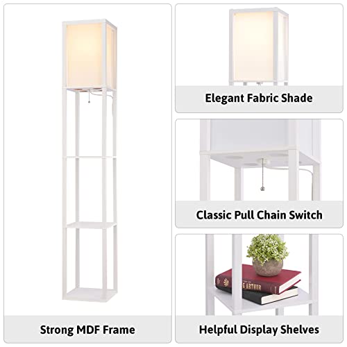 Vonluce Floor Lamp, Etagere Standing Lamp With 3 Storage Shelves And Fabric Shade For Living Room Bedroom Office Decor, 62" Tall Corner Shelf Lamp For Books Plants (White) #TOP4