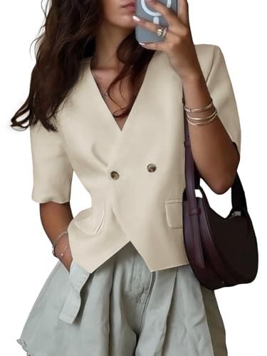 Cicy Bell Womens Cropped Short Sleeve Blazers V Neck Button Down Lightweight Work Casual Suit Jackets