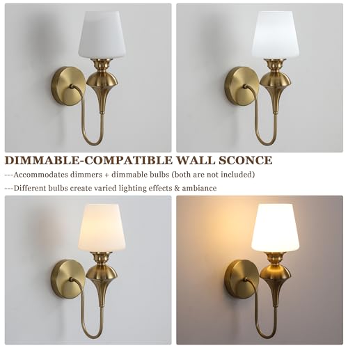Image of LASENCHOO Modern Gold Wall Sconce, 1-Pack Antique Brass Wall Light Fixtures with Glass Shade, Vintage Sconces Wall Lighting Single Wall Mounted Lamp for Bedroom Living Room Bathroom Vanity Light