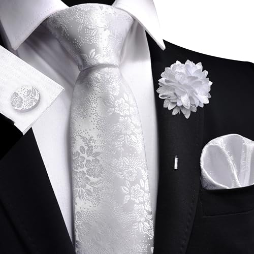 Image of GUSLESON 3.15 inch（8cm） Mens Floral Tie and Lapel Pin Necktie Hankerchief Cufflinks Set for Men
