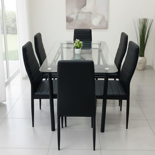Image of Metal Dining Table Set with Clear 12 mm Thick Toughened Glass Top with Chair for Home Kitchen & Dining Room (Black Full Cushion, 6 Seater 3 x 5 feet)