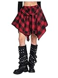 Verdusa Women's Y2k Goth Grunge Plaid Skirts Tie Vintage Asymmetrical Flowy Pleated Mini Skater Skirt Red X-Large