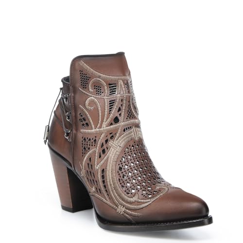 Cuadra Women's Bootie in Genuine Leather with Embroidery and Zipper Brown, 3F48RS, Size 6.5