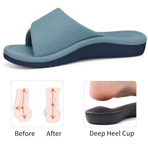 Image of shevalues Summer House Slippers for Women with Arch Support Breathable Waffle Cotton Indoor Slippers Slip on Open Toe Home Shoes