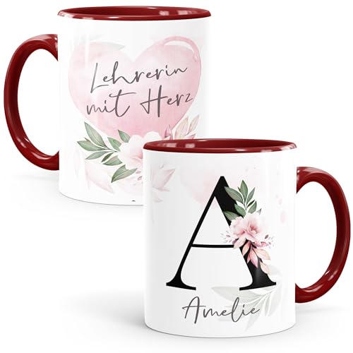 SpecialMe® Kaffee-Tasse mit Name und Spruch mit Herz Initiale Monogramm Dankeschön personalisierte Geschenke Bordeauxrot Keramik-Tasse – Ansicht 1