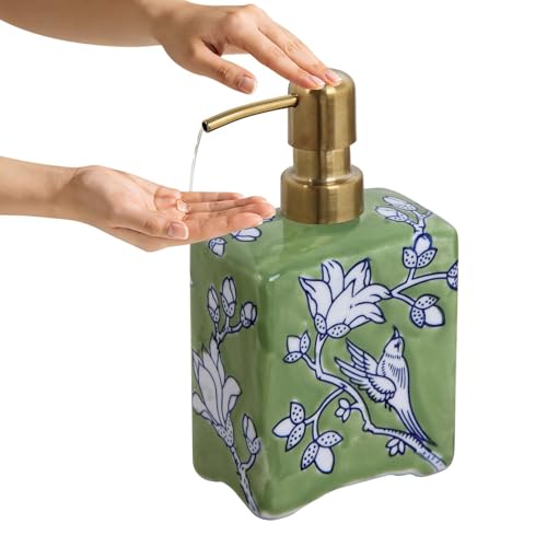 Ceramic Soap Dispenser, Floral-Bird Lotion Pump Bottle, Hand soap Dispenser with Removable Pump, Refillable Liquid Soap Dispenser for Bathroom & Kitchen Sink countertop, 12.9oz - Green