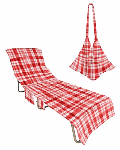 Red Checkered Beach Lounge Chair Towel Cover, Soft Chaise Lounge Towel with Side Pockets Patio Pool Chairs Cover for Beach/Pool Sunbathing 29x85 Watercolor Buffalo Plaid Red
