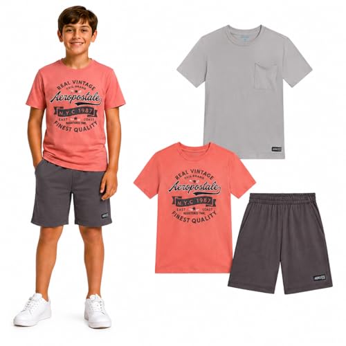 Image of AEROPOSTALE Boys Athletic Shorts Set 3 Piece Graphic T Shirts Fleece Shorts | Soft Breathable Jersey Tees, Elastic Waistband, Side Pockets, Screen-print Design, Durable Stitching for School & Play