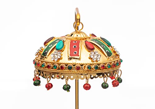 Image of Metal Chhatra Umbrella with Hanging Crystals - Decorative Chatri Aasan for God Idol, Car Dashboard, Office Desk, Table, or Home Mandir Showpiece (M 33)