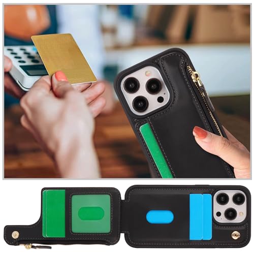 Image of Cavor for iPhone 13 Pro Case with Card Holder,for iPhone 13 Pro Wallet Case for Women Men,Leather Magnetic Clasp Zipper Pocket Protective Phone Cover-Black