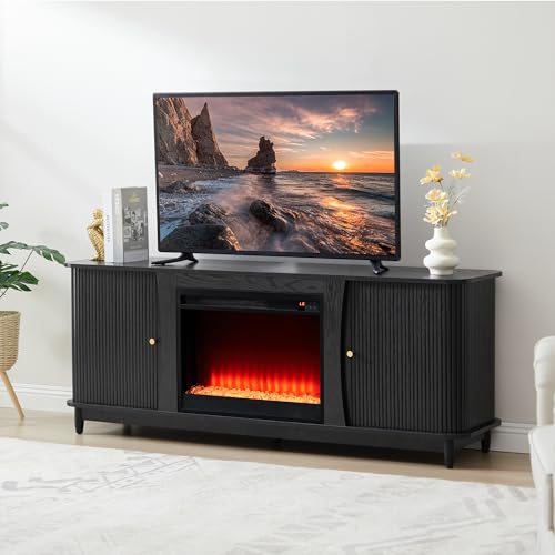 Image of Fireplace TV Stand, Fluted TV Stand with Storage and Sliding Door, Farmhouse Entertainment Center Media Console Table for Living Room (Black)