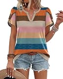 Womens Tops Short Sleeve Shirts V Neck Blouses Dressy Casual Trendy Rainbow Prints Plus Size Women's Clothing Beach Travel Essentials L