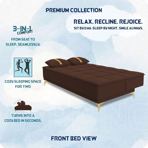 Image of Adorn India Premium New Alyssum 3 Seater Sofa Cum Bed 4X6 Velvet Suede with 2 Cushions (Color Brown) and Suitable for All Indoor, with 3 Years Warranty