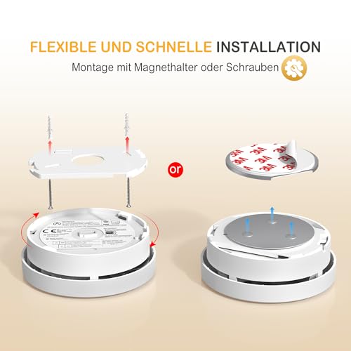 Andyssey Rauchmelder mit Magnethalterung, 10 Jahres Langzeit Batterie Feueralarm mit...