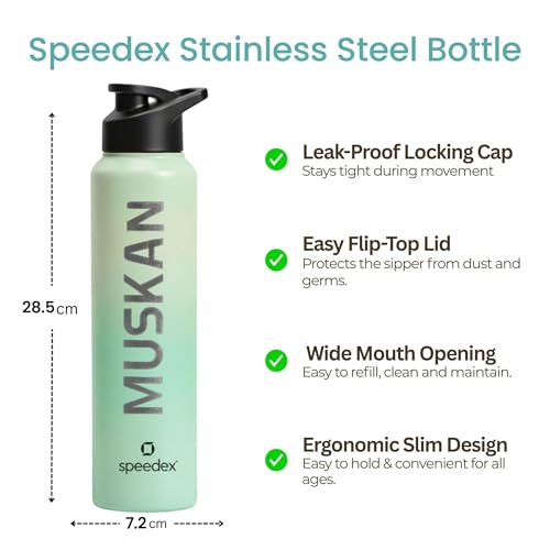 Image of Speedex Engraved Name Stainless Steel Sipper Water Bottle 1 Ltr - Customised Personalised Bottle for Kids & Adults, School, Gym, Sports, Black, Set of 1 (Dual Green, Set Of 1)