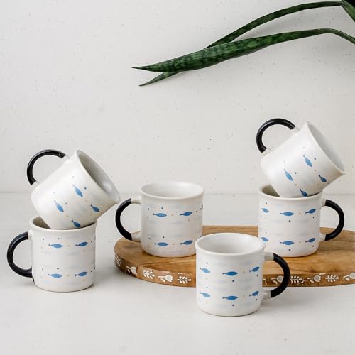 Image of The Earth Store Blue Fish Tea Cup Set of 6, 150 ML Each, Microwave and Dishwasher Safe Coffee Cups | Cup Set for Tea | Tea /chai Cups for Gifting, Home & Office Use, Every Occasion