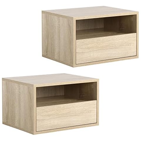 HOMCOM 2 TLG. Wandnachttische Nachttisch Hängeschrank mit Schublade Schlafzimmer Nachtkommode Beistelltisch Spanplatte Natur 45 x 35 x 27,5 cm Cover