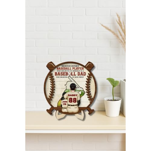 Personalized 2-Layer Baseball Dad Plaque – Kid’s Name & Number, Engraved Sports Gift