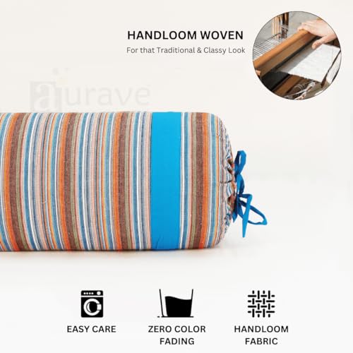 Image of AURAVE Woven Cotton 144 TC Bolster Cover with Drawstring Closure, Set of 2, Soft Breathable Durable Machine Washable for Sofa Bed & Home Decor, 15 inchx30 inch, Blue | Cover Only