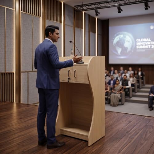 Image of TEKAVO KRONX Podium Lectern for Classroom, Auditorium, Office, Church & School | Sleek & Modern Lecture Stand | Ideal for Presentations, Speeches & Events, Mic /Portable(63x46x120 cm - Mile Oak)