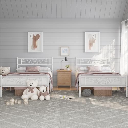 Yaheetech Set di 2 Struttura Letto Singolo in Ferro con Spazio Aggiuntivo Testiera a Forma di Nuvole Camera da Letto Ospiti Soggiorno Bianco 90 x 190 cm