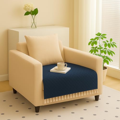 Image of Roseate Quilted Velvet Sofa Cover (1 Seater / 24 inchx27 inch) Sofa Protector for Living Room /Bedroom interiors (Blue) with Tassels