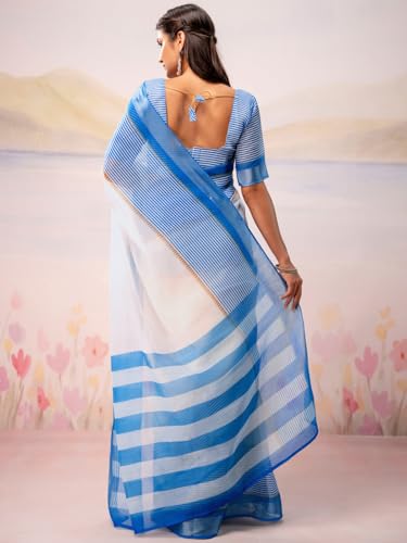 Image of Satrani Women's Linen Printed Ready To Wear Saree with Unstitched Blouse Piece