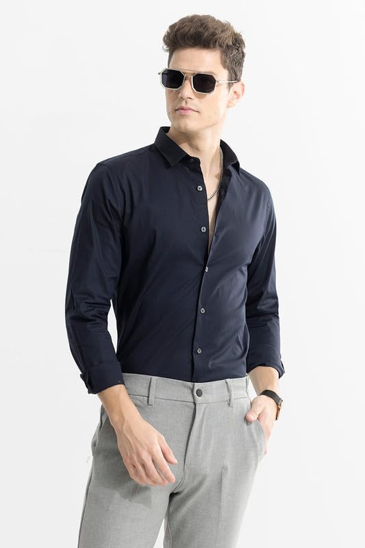 Image of SNITCH Men's Plain Shirts | Formal Wear Streetwear Style | Cotton Spread Full Sleeve Slim Fit Navy