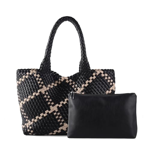 Image of Woven Tote Bag Womens Purse Vegan Leather Shoulder Handbags Fashion Summer Beach Tote Bags Large Travel Totes