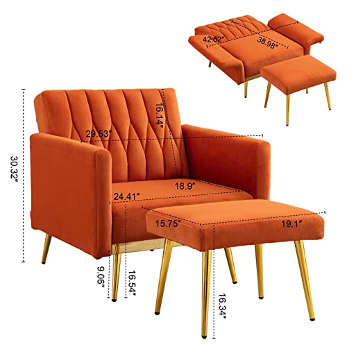 Ttgieet Velvet Accent Chair With Ottoman Modern Upholstered Tufted Armchair, Comfy Single Sofa Chair With Golden Metal Legs And Adjustable Arms For Living Room Bedroom Reading Room Office Orange #TOP2