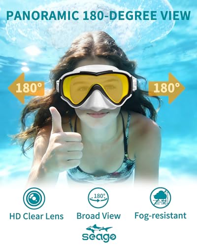 Image of Seago Adult Swim Goggles Mask Mirrored Tempered Lens, Anti UV /Fog No Blurring Clear Wide View with Nose Cover for Men Women