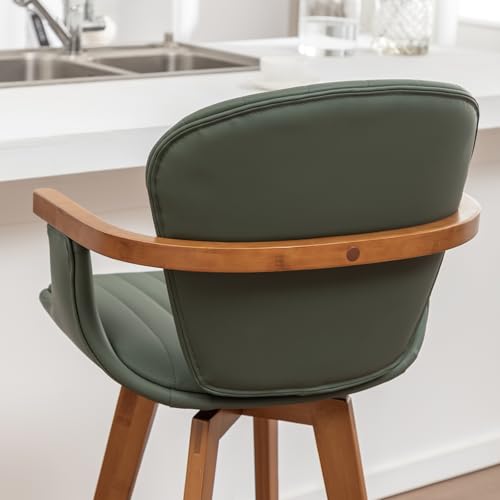 Image of LUNLING 26 inch Counter Height Stools Set of 2,Mid Century Modern Bar Stools,Green PU Leather Kitchen Island Stool,Wood High Barstools Swivel with Back and Arms for Home Bar Furniture
