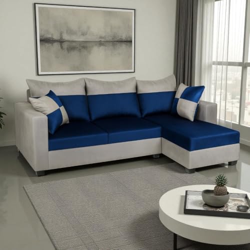 Image of FURNY Arissa 4 Seater Fabric RHS L Shape Sofa Set with Exta Cushions (Light Grey-Dark Blue) Premium Velvet Finish| Durable Comfort Ideal for Living Room