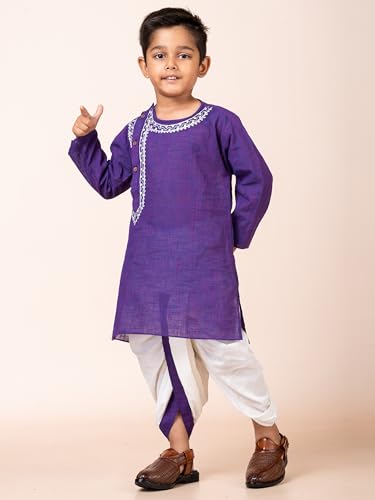 Image of Kids Ethnic Wear - Embroidered Handloom Cotton Kurta & Elastic Waist Dhoti Set for Boys | Traditional Dress for Baby & Toddler